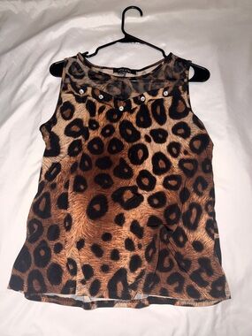 Animal Print Sleeveless Top with Embellished Neckline